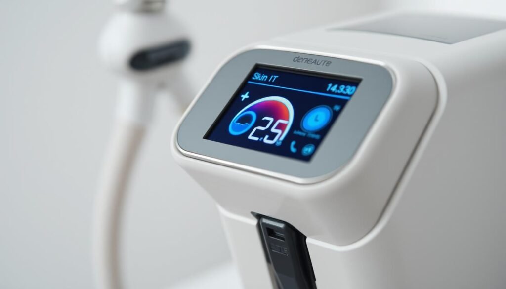 A close-up, detail-oriented shot of a derBeaute BTL Exion device's temperature display, showcasing the intelligent temperature tracking functionality. The display shows a visual representation of the skin's thermal profile, indicating areas of high and low temperature. The image has a clean, minimalist aesthetic, with a muted color palette of grays, whites, and blues, creating a sense of clinical precision and technological sophistication. The lighting is soft and diffused, emphasizing the device's sleek, modern design. The angle is slightly elevated, providing a clear view of the display and the device's ergonomic form factor. The overall mood is one of clinical efficacy and advanced technological capabilities. A close-up, detail-oriented shot of a derBeaute BTL Exion device's temperature display, showcasing the intelligent temperature tracking functionality. The display shows a visual representation of the skin's thermal profile, indicating areas of high and low temperature. The image has a clean, minimalist aesthetic, with a muted color palette of grays, whites, and blues, creating a sense of clinical precision and technological sophistication. The lighting is soft and diffused, emphasizing the device's sleek, modern design. The angle is slightly elevated, providing a clear view of the display and the device's ergonomic form factor. The overall mood is one of clinical efficacy and advanced technological capabilities.