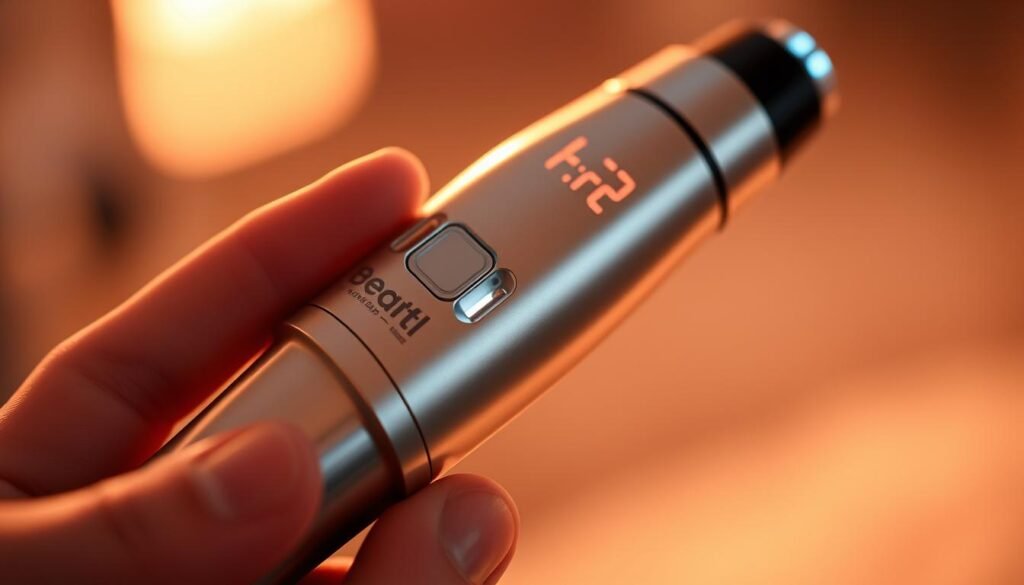 A close-up view of the derBeaute BTL Exion device, showcasing its intelligent temperature tracking and radio frequency-based ultrasound technology. The sleek, metallic handpiece is held at an angle, revealing its intricate components and sensors. The device is bathed in a warm, soft lighting that accentuates its precision engineering and high-tech aesthetic. The background is blurred, creating a sense of focus on the innovative technology at the heart of the BTL Exion system, symbolizing the advancement in cosmetic treatments through the integration of AI and cutting-edge ultrasound capabilities. A close-up view of the derBeaute BTL Exion device, showcasing its intelligent temperature tracking and radio frequency-based ultrasound technology. The sleek, metallic handpiece is held at an angle, revealing its intricate components and sensors. The device is bathed in a warm, soft lighting that accentuates its precision engineering and high-tech aesthetic. The background is blurred, creating a sense of focus on the innovative technology at the heart of the BTL Exion system, symbolizing the advancement in cosmetic treatments through the integration of AI and cutting-edge ultrasound capabilities.