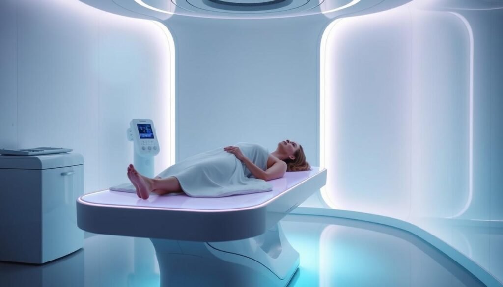 Oligio X by Glowin Beaute: a serene, futuristic medical treatment room aglow with soothing blue-violet lights. A patient lies comfortably on a sleek, minimalist table, undergoing a painless, rejuvenating radio wave therapy session. The atmosphere is tranquil, with soft shadows and clean lines accentuating the advanced, yet calming ambiance. The image should convey the innovative, high-tech nature of the Oligio X system, while also emphasizing the relaxing, comfortable experience for the patient. Oligio X by Glowin Beaute: a serene, futuristic medical treatment room aglow with soothing blue-violet lights. A patient lies comfortably on a sleek, minimalist table, undergoing a painless, rejuvenating radio wave therapy session. The atmosphere is tranquil, with soft shadows and clean lines accentuating the advanced, yet calming ambiance. The image should convey the innovative, high-tech nature of the Oligio X system, while also emphasizing the relaxing, comfortable experience for the patient.