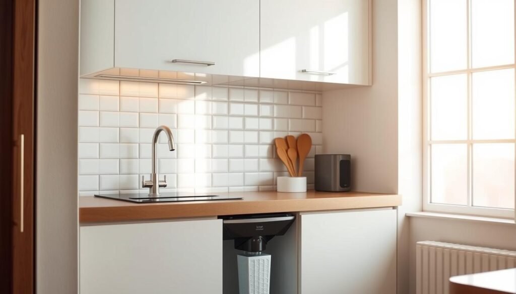 A compact kitchen with a sleek, built-in water purifier system installed discreetly beneath the counter. The kitchen is bathed in soft, natural lighting that filters through large windows, creating a warm and inviting atmosphere. The purifier's angular, modern design blends seamlessly with the minimalist cabinetry and tiled backsplash. Attention to detail is evident, with clean lines and a focus on functionality. The purifier is strategically placed to provide easy access for daily use, while maintaining an uncluttered, streamlined appearance that complements the small kitchen's layout. The overall scene conveys a sense of efficiency, organization, and a thoughtful approach to maximizing the limited space.