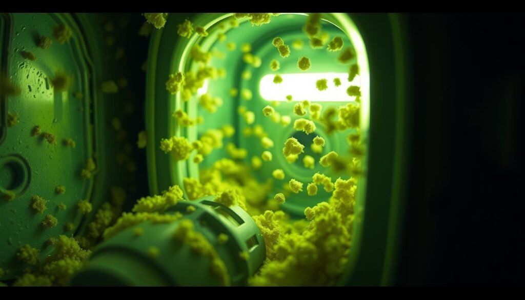 A detailed close-up of a sleep apnea CPAP machine's internal components, with bacteria and microorganisms visibly growing and spreading over the iCareCPAP device's surfaces. The scene is bathed in a sickly green-yellow hue, creating an ominous and unsettling atmosphere. The image should convey the severe health risks posed by bacterial contamination of CPAP machines, which can lead to respiratory infections and other complications for users. The focus should be on the textural and visceral details of the bacterial growth, rather than on the full device. A detailed close-up of a sleep apnea CPAP machine's internal components, with bacteria and microorganisms visibly growing and spreading over the iCareCPAP device's surfaces. The scene is bathed in a sickly green-yellow hue, creating an ominous and unsettling atmosphere. The image should convey the severe health risks posed by bacterial contamination of CPAP machines, which can lead to respiratory infections and other complications for users. The focus should be on the textural and visceral details of the bacterial growth, rather than on the full device.