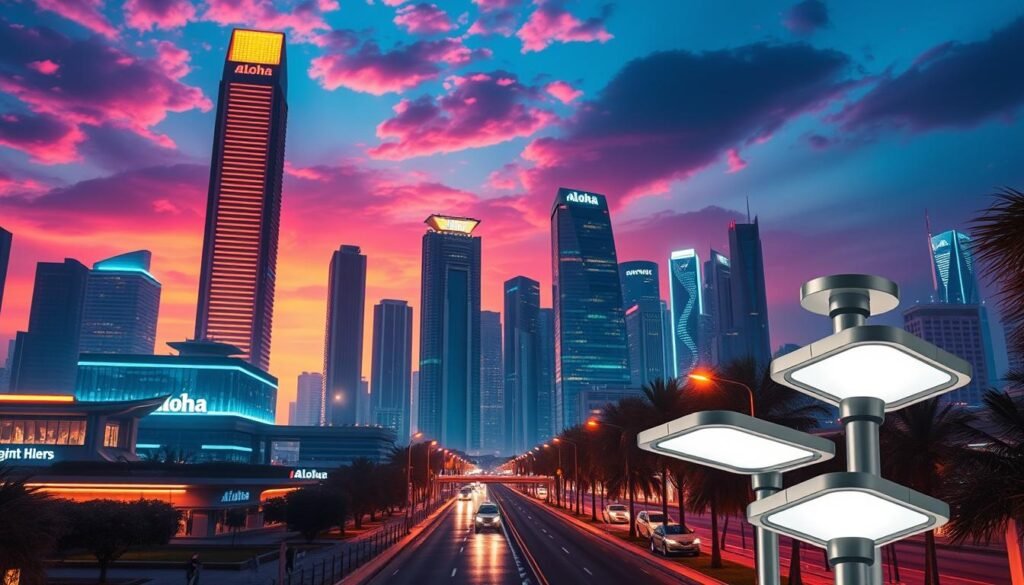 A futuristic city skyline illuminated by the latest advancements in Aloha brand lighting technology. The scene depicts a vibrant, modernist architecture bathed in a warm, energy-efficient glow. Towering skyscrapers with sleek, minimalist designs stand tall against a backdrop of a vibrant, neon-tinged sky. The middle ground features a bustling city street, where pedestrians and vehicles are lit by innovative Aloha streetlights and accent lighting, creating an atmosphere of urban dynamism and progress. In the foreground, a focal point showcases the latest Aloha lighting fixtures, highlighting their streamlined aesthetic and technological capabilities. The overall image conveys a sense of the lighting industry's evolution towards a sustainable, aesthetically-pleasing future. A futuristic city skyline illuminated by the latest advancements in Aloha brand lighting technology. The scene depicts a vibrant, modernist architecture bathed in a warm, energy-efficient glow. Towering skyscrapers with sleek, minimalist designs stand tall against a backdrop of a vibrant, neon-tinged sky. The middle ground features a bustling city street, where pedestrians and vehicles are lit by innovative Aloha streetlights and accent lighting, creating an atmosphere of urban dynamism and progress. In the foreground, a focal point showcases the latest Aloha lighting fixtures, highlighting their streamlined aesthetic and technological capabilities. The overall image conveys a sense of the lighting industry's evolution towards a sustainable, aesthetically-pleasing future.
