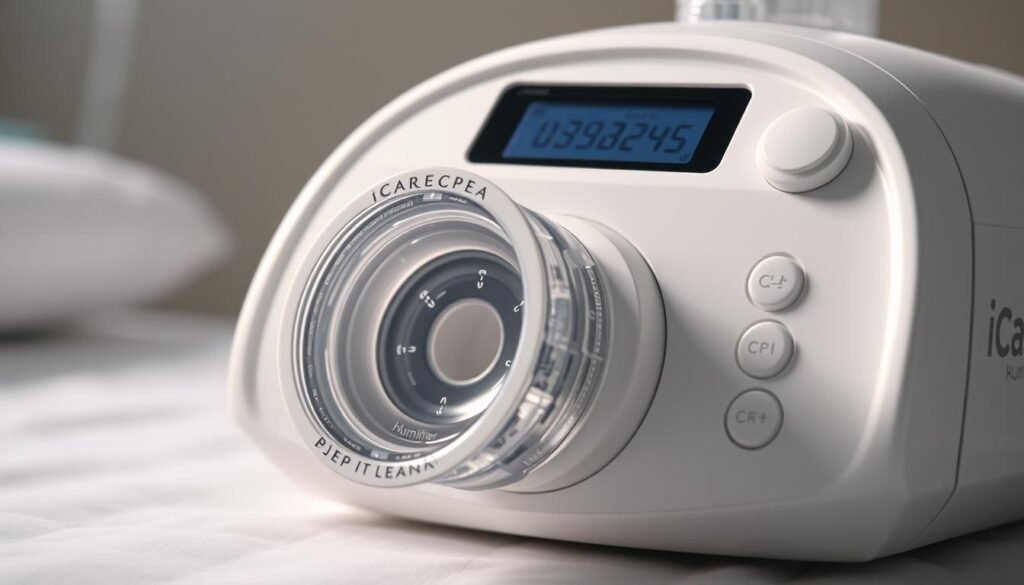 A high-quality image of a sleep apnea machine's humidifier undergoing a thorough cleaning process. The iCareCPAP device is prominently displayed, with its sleek white casing and digital display visible. The humidifier chamber is detached, revealing the internal components. Soft, diffused lighting illuminates the scene, creating a clean and clinical atmosphere. The image showcases the attention to detail required for proper maintenance, emphasizing the importance of regular cleaning to prevent bacterial growth and ensure the optimal function of the sleep apnea device. A high-quality image of a sleep apnea machine's humidifier undergoing a thorough cleaning process. The iCareCPAP device is prominently displayed, with its sleek white casing and digital display visible. The humidifier chamber is detached, revealing the internal components. Soft, diffused lighting illuminates the scene, creating a clean and clinical atmosphere. The image showcases the attention to detail required for proper maintenance, emphasizing the importance of regular cleaning to prevent bacterial growth and ensure the optimal function of the sleep apnea device.