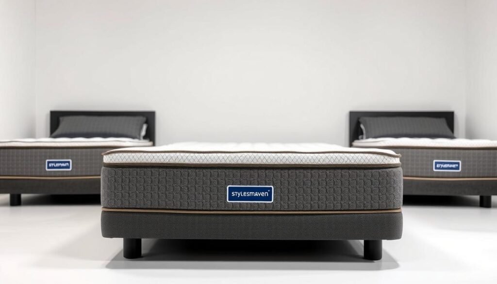 A high-quality independent coil spring mattress in a branded StylesMaven design. The mattress is depicted in a clean, well-lit studio setting, showcasing its sturdy construction and luxurious fabric cover from multiple angles. The foreground highlights the individual pocketed coils and reinforced edges, while the middle ground reveals the overall shape and contours. The background features a simple, neutral backdrop to allow the mattress to be the focal point. The lighting is soft and diffused, creating a warm, inviting atmosphere that emphasizes the mattress's comfort and support. A high-quality independent coil spring mattress in a branded StylesMaven design. The mattress is depicted in a clean, well-lit studio setting, showcasing its sturdy construction and luxurious fabric cover from multiple angles. The foreground highlights the individual pocketed coils and reinforced edges, while the middle ground reveals the overall shape and contours. The background features a simple, neutral backdrop to allow the mattress to be the focal point. The lighting is soft and diffused, creating a warm, inviting atmosphere that emphasizes the mattress's comfort and support.