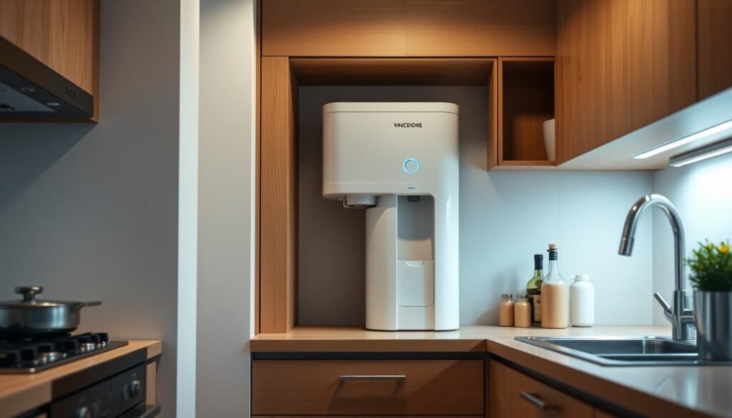 A modern, compact kitchen interior showcasing a practical under-counter water purifier installation. The purifier unit is neatly integrated into the cabinetry, with clean lines and a minimalist aesthetic. Soft, balanced lighting casts an inviting glow, complementing the warm-toned wood finishes. The purifier's controls and filter compartment are easily accessible, demonstrating a thoughtful, user-friendly design. The overall scene conveys a sense of efficiency and culinary inspiration within a well-organized, space-saving layout - an ideal representation of an effective, space-conscious water filtration setup for a small kitchen. A modern, compact kitchen interior showcasing a practical under-counter water purifier installation. The purifier unit is neatly integrated into the cabinetry, with clean lines and a minimalist aesthetic. Soft, balanced lighting casts an inviting glow, complementing the warm-toned wood finishes. The purifier's controls and filter compartment are easily accessible, demonstrating a thoughtful, user-friendly design. The overall scene conveys a sense of efficiency and culinary inspiration within a well-organized, space-saving layout - an ideal representation of an effective, space-conscious water filtration setup for a small kitchen.