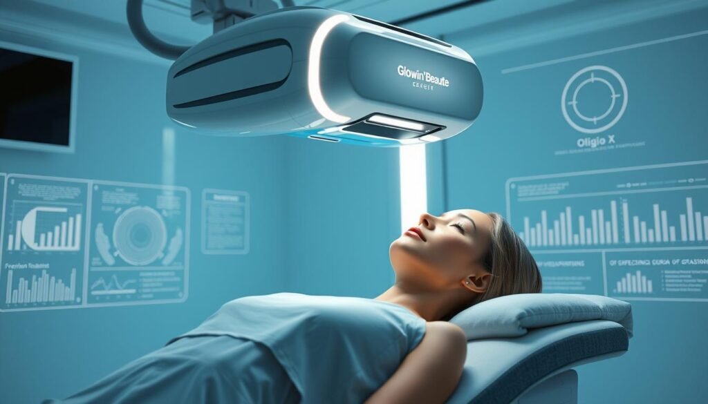 A sleek, high-tech medical device hovers above a serene, futuristic medical room. The device, emblazoned with the "Glowin' Beaute" brand, emits a soft, glowing light as it performs its "Oligio X" beauty treatment. The patient lies comfortably on a padded examination table, their skin radiating a healthy, youthful glow as the device gently massages and stimulates their face. The room is bathed in a calming, azure hue, creating an atmosphere of advanced, yet soothing, medical technology. Precise, scientific-looking diagrams and charts adorn the walls, showcasing the device's impressive capabilities and the remarkable "原美電波" treatment results. A sleek, high-tech medical device hovers above a serene, futuristic medical room. The device, emblazoned with the "Glowin' Beaute" brand, emits a soft, glowing light as it performs its "Oligio X" beauty treatment. The patient lies comfortably on a padded examination table, their skin radiating a healthy, youthful glow as the device gently massages and stimulates their face. The room is bathed in a calming, azure hue, creating an atmosphere of advanced, yet soothing, medical technology. Precise, scientific-looking diagrams and charts adorn the walls, showcasing the device's impressive capabilities and the remarkable "原美電波" treatment results.