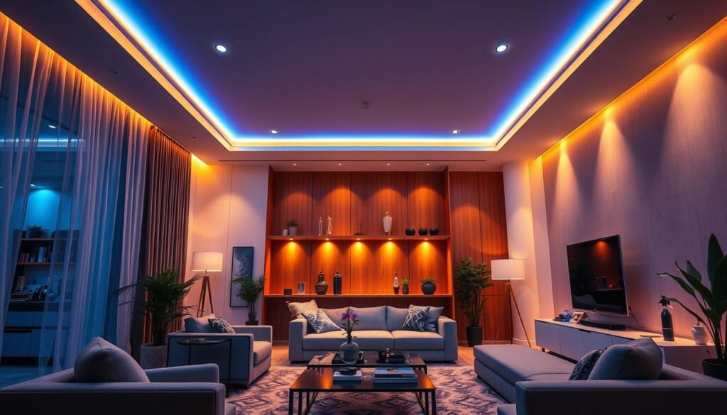 A vibrant and modern LED lighting display, showcasing the Aloha brand's sleek and innovative aesthetic. The scene depicts a stylishly designed living space, with the LED lights creating a warm and inviting ambiance. The lighting is meticulously arranged, with a mix of diffused overhead and accent lighting highlighting the room's architectural features. The image captures the versatility and transformative power of LED lighting, perfectly complementing the contemporary furniture and decor. The lighting is the focal point, casting a soft, yet captivating glow that sets the mood for a cozy and relaxing atmosphere.