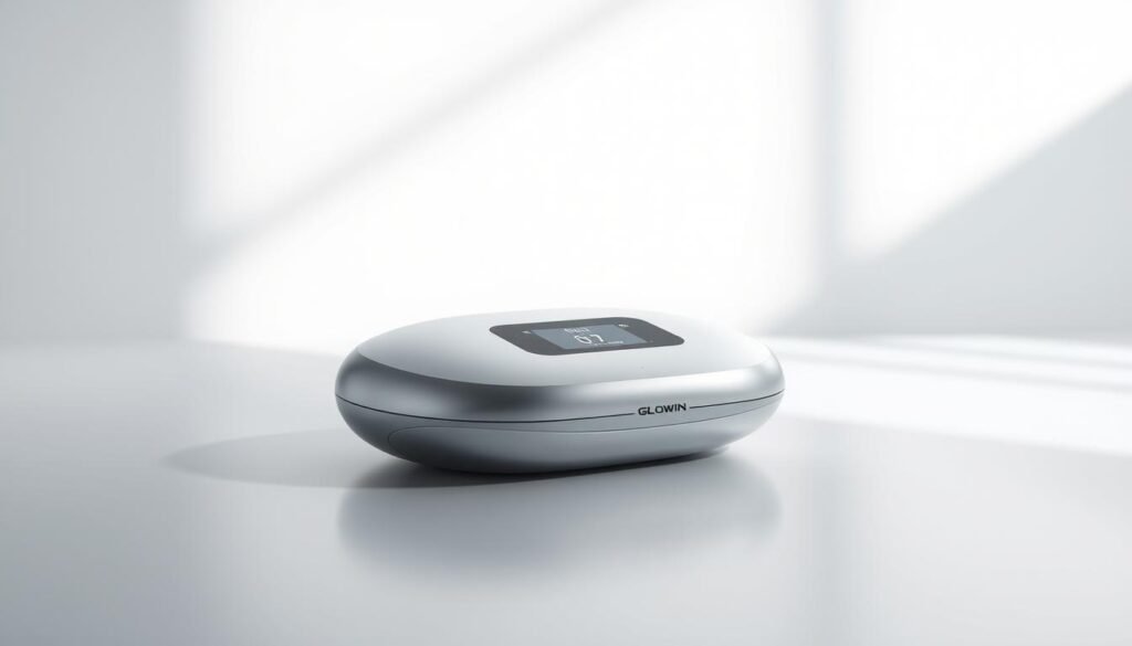 A well-lit, high-quality photograph of the Glowin Beaute "Oligio X 原美電波" device. The device is prominently featured in the center of the frame, with a clean, minimalist background that showcases its sleek, modern design. The device has a smooth, metallic finish and a simple, intuitive control interface. Soft, directional lighting from the side creates depth and highlights the device's contours. The photograph has a professional, elegant aesthetic, capturing the premium, high-tech nature of the "Oligio X 原美電波" product. The overall mood is one of sophistication and innovation.