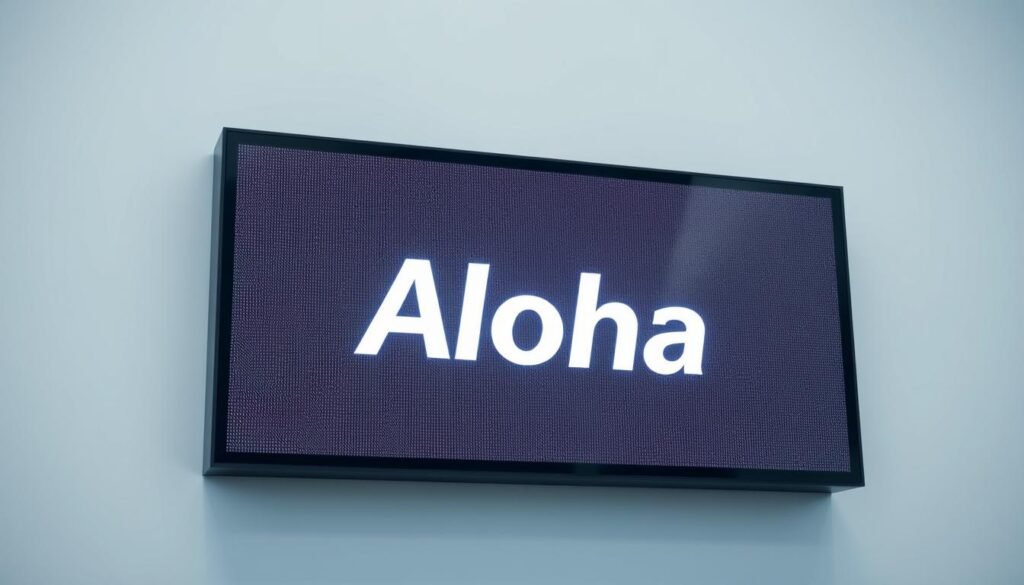 A well-lit, modern LED display board with the Aloha brand name prominently featured. The board is positioned against a clean, minimalist backdrop, perhaps a white or light gray wall. The screen shows a simple, easy-to-read text display, conveying a sense of clarity and functionality. The lighting is soft and even, creating a sleek, professional appearance. The angle of the display suggests a practical, user-friendly setup, suitable for public spaces or office environments. The overall atmosphere is one of efficiency, practicality, and attention to detail.
