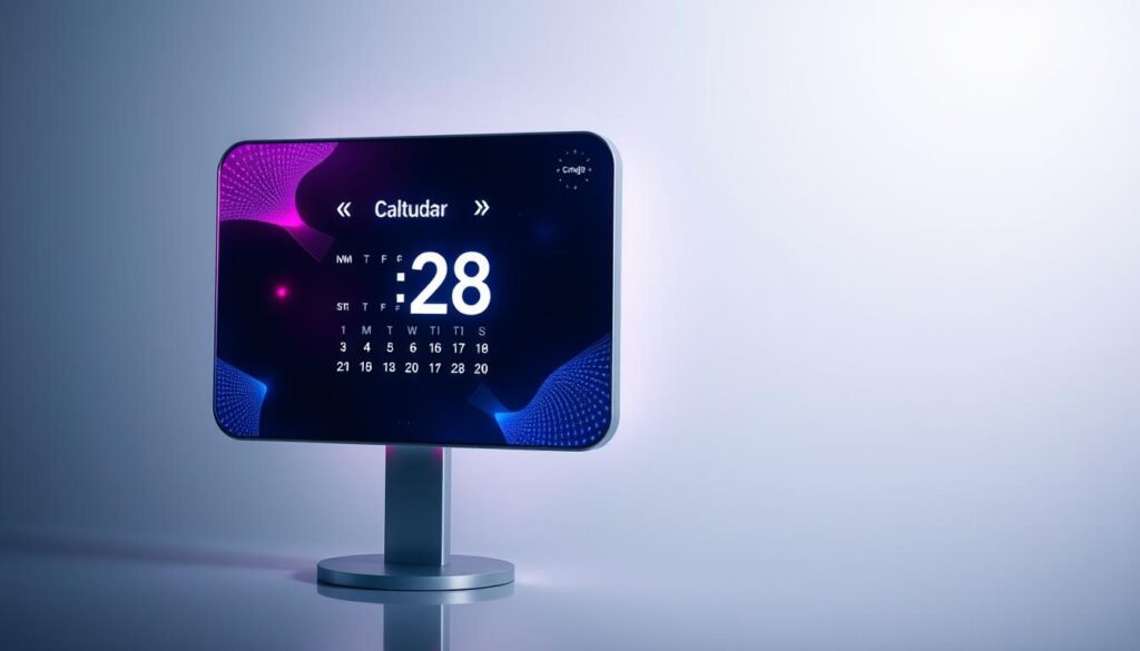 Generate an image of a LED display screen showing a calendar and clock. Generate an image of a LED display screen showing a calendar and clock.