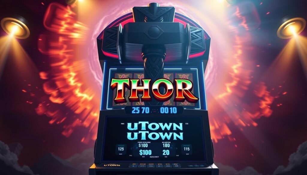 A bold and vibrant slot machine featuring the mighty Thor's hammer, Mjolnir, against a backdrop of swirling energy and dramatic lighting. The machine's sleek UTown branding is prominently displayed, inviting players to step into the mythical world of the Norse god of thunder. Dynamic camera angles capture the machine's imposing presence, while dramatic lighting casts dramatic shadows and highlights the intricate details of the design. The overall scene conveys a sense of power, excitement, and the thrill of potentially unlocking the secrets of the ancient Nordic pantheon.