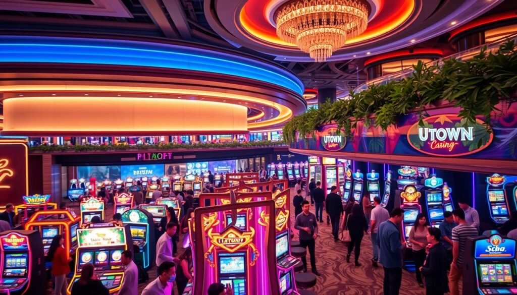 A bustling scene in a sleek, modern UTown casino in Taiwan in 2025. The interior is filled with vibrant lighting, with a mix of digital displays, neon accents, and natural elements like lush greenery. Patrons mingle around gaming tables and slot machines, immersed in the excitement of the latest casino offerings. The atmosphere is energetic yet sophisticated, capturing the spirit of the evolving Taiwanese entertainment landscape. The camera angle showcases the grandeur of the space, with a focus on the dynamic energy and alluring aesthetic of the UTown casino experience. A bustling scene in a sleek, modern UTown casino in Taiwan in 2025. The interior is filled with vibrant lighting, with a mix of digital displays, neon accents, and natural elements like lush greenery. Patrons mingle around gaming tables and slot machines, immersed in the excitement of the latest casino offerings. The atmosphere is energetic yet sophisticated, capturing the spirit of the evolving Taiwanese entertainment landscape. The camera angle showcases the grandeur of the space, with a focus on the dynamic energy and alluring aesthetic of the UTown casino experience.