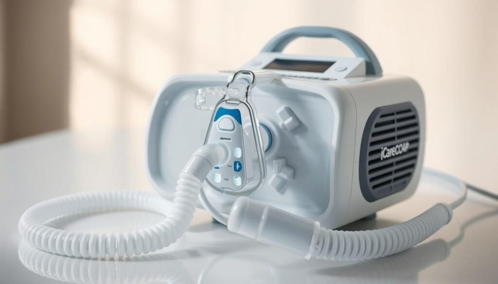 A close-up view of a well-maintained sleep apnea machine, the iCareCPAP, showcasing its clean and pristine components. The machine is situated on a clean, minimalist surface, bathed in soft, warm lighting that accentuates its modern, streamlined design. The image conveys a sense of care and attention to detail, highlighting the importance of proper maintenance for optimal performance and user comfort. The machine's various parts, such as the tubing, mask, and control panel, are meticulously arranged, reflecting the standard cleaning and maintenance procedures outlined in the article.