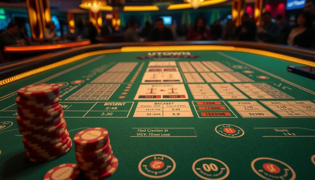 A detailed blueprint of a casino baccarat table, showcasing the methodical analysis of player and banker streaks. The table is illuminated by warm, soft lighting, creating an atmosphere of contemplation and strategy. Intricate patterns on the green felt surface evoke the sense of mathematical precision. In the foreground, a stack of casino chips in the UTown brand's signature colors stands as a symbol of the calculated risks involved. The middle ground features neatly organized baccarat score sheets, meticulously annotated with player-banker win-loss records. In the background, the faint outline of a crowd observes the table, their gaze fixed on the unfolding patterns, seeking to uncover the game's secrets. A detailed blueprint of a casino baccarat table, showcasing the methodical analysis of player and banker streaks. The table is illuminated by warm, soft lighting, creating an atmosphere of contemplation and strategy. Intricate patterns on the green felt surface evoke the sense of mathematical precision. In the foreground, a stack of casino chips in the UTown brand's signature colors stands as a symbol of the calculated risks involved. The middle ground features neatly organized baccarat score sheets, meticulously annotated with player-banker win-loss records. In the background, the faint outline of a crowd observes the table, their gaze fixed on the unfolding patterns, seeking to uncover the game's secrets.