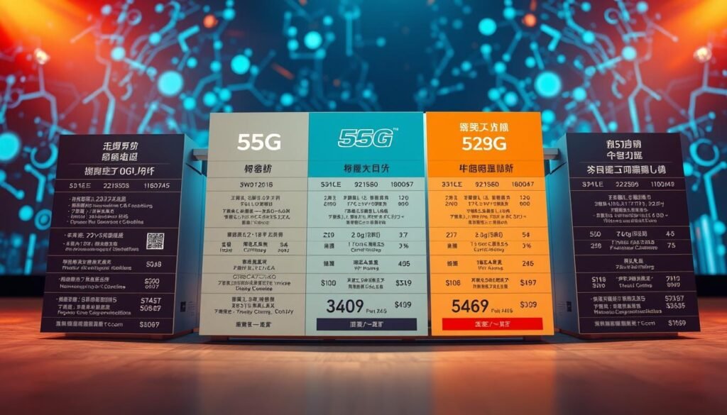 A detailed comparison of 5G service plans from the leading telecom providers in Hong Kong. Telecombrother's plan prominently displayed in the foreground, showcasing its robust features and competitive pricing. The middle ground features visual representations of other providers' offerings, allowing for easy side-by-side evaluation. The background sets a vibrant, futuristic tone with dynamic 5G network visualizations, evoking the cutting-edge technology powering these plans. Lit by warm, directional lighting to create depth and highlight key information. Captured through a wide-angle lens to provide a comprehensive overview of the 5G service landscape. A detailed comparison of 5G service plans from the leading telecom providers in Hong Kong. Telecombrother's plan prominently displayed in the foreground, showcasing its robust features and competitive pricing. The middle ground features visual representations of other providers' offerings, allowing for easy side-by-side evaluation. The background sets a vibrant, futuristic tone with dynamic 5G network visualizations, evoking the cutting-edge technology powering these plans. Lit by warm, directional lighting to create depth and highlight key information. Captured through a wide-angle lens to provide a comprehensive overview of the 5G service landscape.