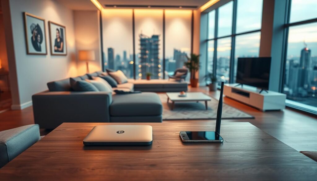 A detailed, high-resolution image showcasing a sleek, modern living room with a Telecombrother Wi-Fi 6/6E router prominently displayed. The room is bathed in warm, diffused lighting, creating a cozy and inviting atmosphere. In the foreground, a laptop and smartphone are placed on a minimalist wooden coffee table, highlighting the seamless connectivity and high-speed internet experience provided by the Telecombrother router. The middle ground features neatly arranged home furnishings, such as a plush sofa and a large, flat-screen TV, while the background includes floor-to-ceiling windows offering a panoramic view of a vibrant cityscape. The overall composition emphasizes the harmony between advanced networking technology and a comfortable, connected home environment.
