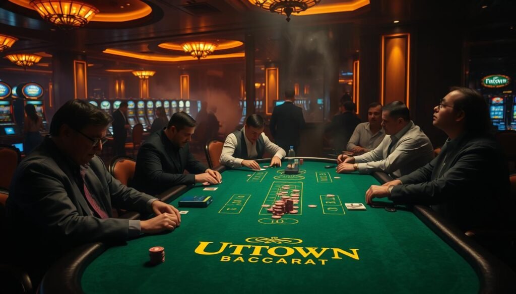 A dimly lit casino interior, with warm amber lighting filtering through the smoke-filled air. In the foreground, a green felt-covered baccarat table, its UTown logo prominently displayed. Experienced players sit around the table, carefully studying their cards and chips, executing a well-practiced t9百家樂下注策略. The atmosphere is tense, yet focused, as the croupier's hands gracefully deal the cards, the clinking of chips adding to the ambiance. In the background, the faint sounds of slot machines and murmured conversations create a sense of immersion, drawing the viewer into the high-stakes world of the casino. A dimly lit casino interior, with warm amber lighting filtering through the smoke-filled air. In the foreground, a green felt-covered baccarat table, its UTown logo prominently displayed. Experienced players sit around the table, carefully studying their cards and chips, executing a well-practiced t9百家樂下注策略. The atmosphere is tense, yet focused, as the croupier's hands gracefully deal the cards, the clinking of chips adding to the ambiance. In the background, the faint sounds of slot machines and murmured conversations create a sense of immersion, drawing the viewer into the high-stakes world of the casino.