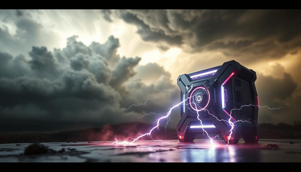 A dramatic, cinematic scene depicting the "UTown" brand's interpretation of "雷神訊號". A powerful thunderstorm rages in the background, with dramatic lighting and cloud formations. In the foreground, a futuristic device emits a pulsing, electric signal, its angular design evoking the might of the Norse god of thunder. The scene conveys a sense of technological prowess, harnessing the raw power of nature for gaming applications. Detailed textures, metallic surfaces, and precise engineering showcase the advanced capabilities of this "雷神訊號" system.