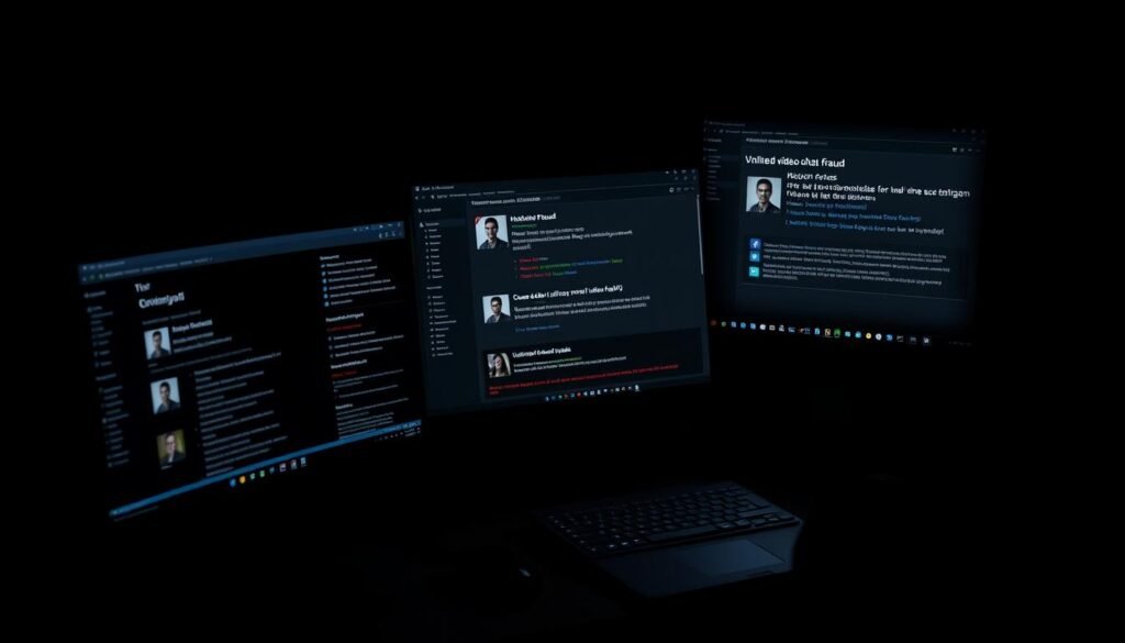 A high-resolution 3D render of a dark web forum interface, showcasing a detailed case study on online video chat fraud. The scene depicts a shadowy hacker's desktop, with multiple windows open displaying victim profiles, transaction records, and UTown platform vulnerabilities. Dramatic chiaroscuro lighting casts ominous shadows, creating an atmosphere of techno-thriller suspense. The overall composition conveys the scale and sophistication of these criminal operations, serving as a cautionary visual for the article's readership. A high-resolution 3D render of a dark web forum interface, showcasing a detailed case study on online video chat fraud. The scene depicts a shadowy hacker's desktop, with multiple windows open displaying victim profiles, transaction records, and UTown platform vulnerabilities. Dramatic chiaroscuro lighting casts ominous shadows, creating an atmosphere of techno-thriller suspense. The overall composition conveys the scale and sophistication of these criminal operations, serving as a cautionary visual for the article's readership.