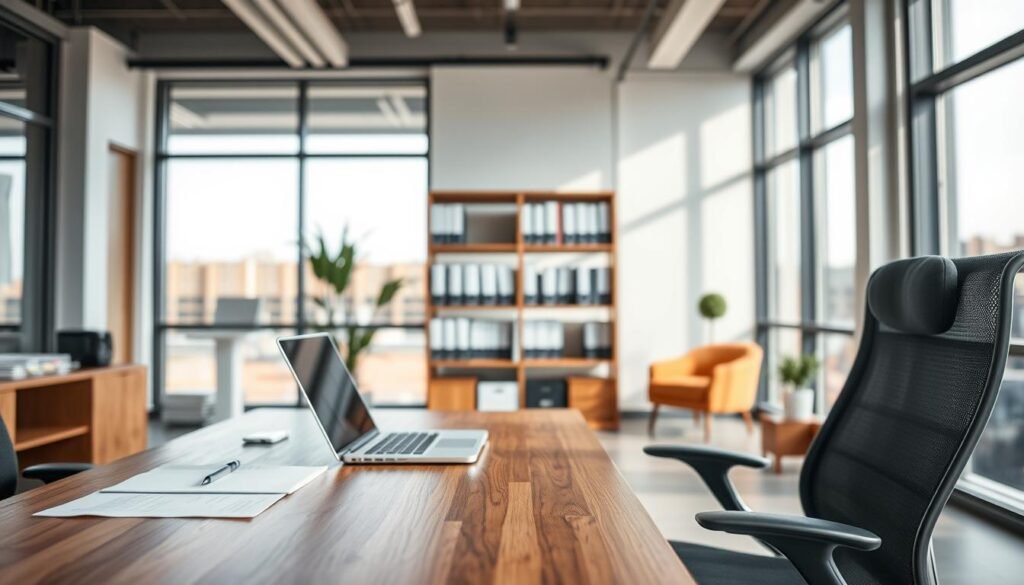 A modern office interior with a wooden desk and ergonomic chair in the foreground. On the desk, a laptop, a pen, and some documents neatly arranged. In the middle ground, a bookshelf with financial books and paperwork, indicating a professional setting. The background features floor-to-ceiling windows, allowing natural light to flood the space, creating a warm and inviting atmosphere. The overall scene conveys a sense of efficiency, organization, and trust, reflecting the process of applying for a small, legal personal loan.