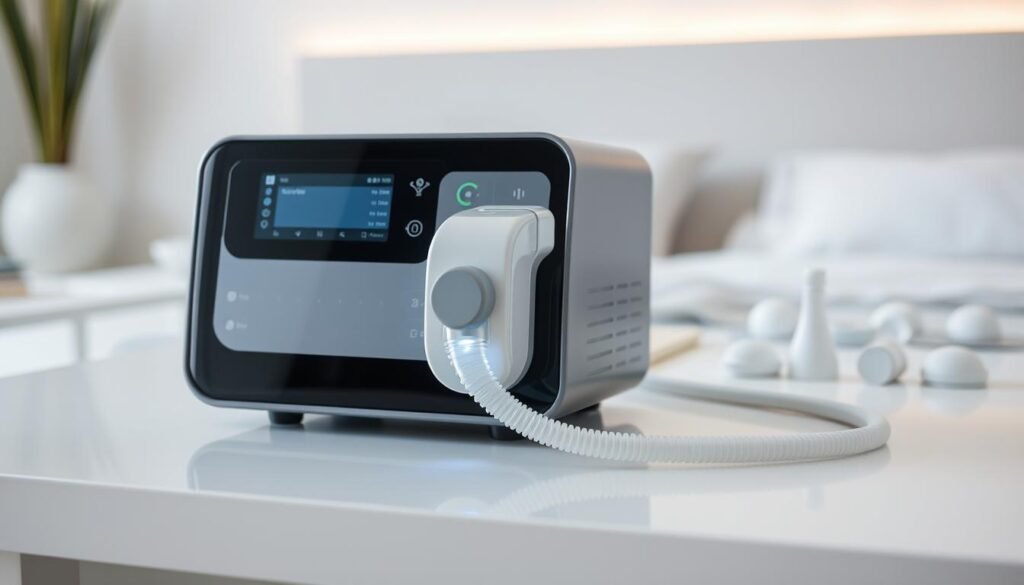 A pristine, high-quality image of a state-of-the-art iCareCPAP sleep apnea machine, showcasing its sleek, modern design and intuitive interface. The machine is positioned on a clean, minimalist table, with a soft, diffused lighting illuminating its various controls and LCD display. The background is a serene, calming environment, perhaps a bedroom or a home office, conveying the importance of proper sleep and respiratory health. The overall mood is one of simplicity, efficiency, and the vital role this device plays in improving the user's quality of life. A pristine, high-quality image of a state-of-the-art iCareCPAP sleep apnea machine, showcasing its sleek, modern design and intuitive interface. The machine is positioned on a clean, minimalist table, with a soft, diffused lighting illuminating its various controls and LCD display. The background is a serene, calming environment, perhaps a bedroom or a home office, conveying the importance of proper sleep and respiratory health. The overall mood is one of simplicity, efficiency, and the vital role this device plays in improving the user's quality of life.