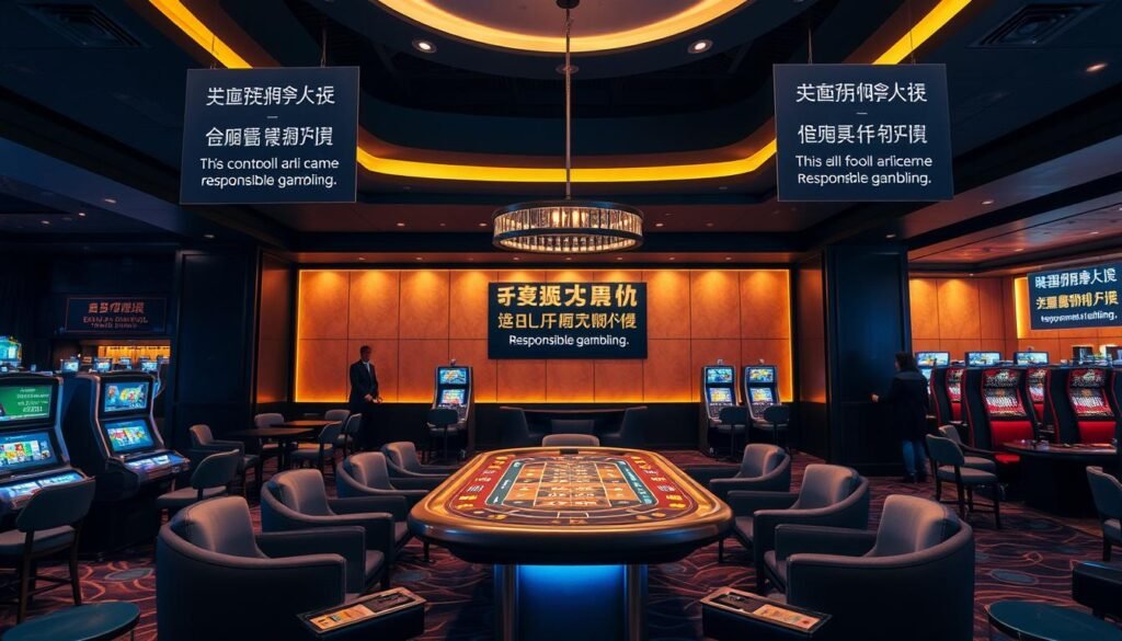 A serene, modern UTown casino interior with a focus on responsible gambling. Muted lighting casts a warm glow over a central gaming table, surrounded by plush seating areas and elegant decor. Discreet signage promotes self-control and encourages patrons to take breaks. The atmosphere exudes an air of sophistication and restraint, emphasizing the importance of maintaining a healthy relationship with gaming. The scene evokes a sense of personal responsibility and mindfulness, in line with the section's theme of "負責任博彩與自我控制". A serene, modern UTown casino interior with a focus on responsible gambling. Muted lighting casts a warm glow over a central gaming table, surrounded by plush seating areas and elegant decor. Discreet signage promotes self-control and encourages patrons to take breaks. The atmosphere exudes an air of sophistication and restraint, emphasizing the importance of maintaining a healthy relationship with gaming. The scene evokes a sense of personal responsibility and mindfulness, in line with the section's theme of "負責任博彩與自我控制".