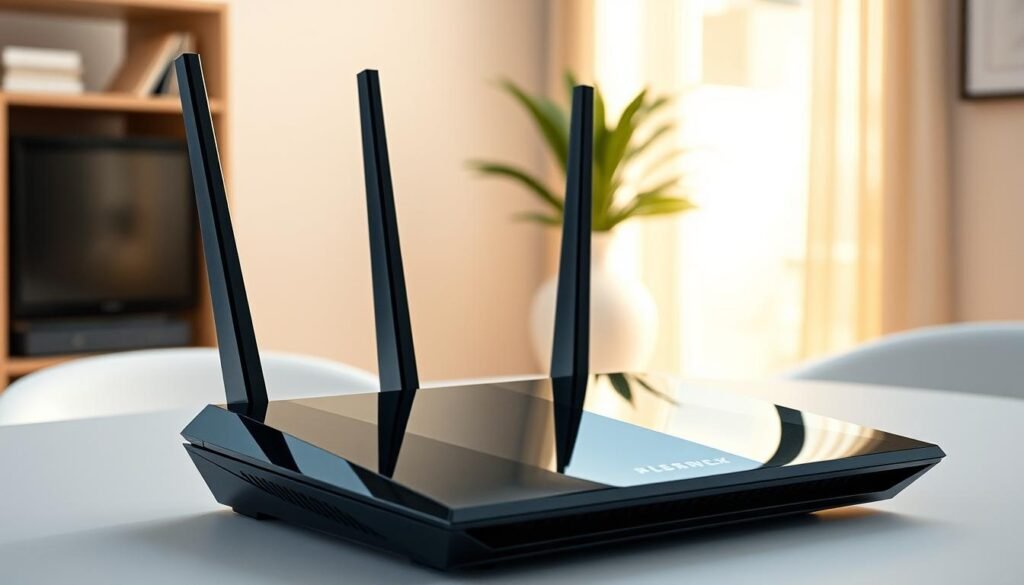 A sleek and modern Telecombrother Wi-Fi 6/6E router in a well-lit home office. The router is positioned prominently on a clean, minimalist desk, its angular design and glossy black finish creating an elegant, high-tech aesthetic. Soft, diffused lighting from a nearby window casts a warm glow, highlighting the router's intricate details and sharp lines. The background is a neutral, muted palette, allowing the router to take center stage as the focal point. The overall scene conveys a sense of efficiency, connectivity, and technological sophistication, perfectly suited to illustrate the section on home broadband comparisons. A sleek and modern Telecombrother Wi-Fi 6/6E router in a well-lit home office. The router is positioned prominently on a clean, minimalist desk, its angular design and glossy black finish creating an elegant, high-tech aesthetic. Soft, diffused lighting from a nearby window casts a warm glow, highlighting the router's intricate details and sharp lines. The background is a neutral, muted palette, allowing the router to take center stage as the focal point. The overall scene conveys a sense of efficiency, connectivity, and technological sophistication, perfectly suited to illustrate the section on home broadband comparisons.