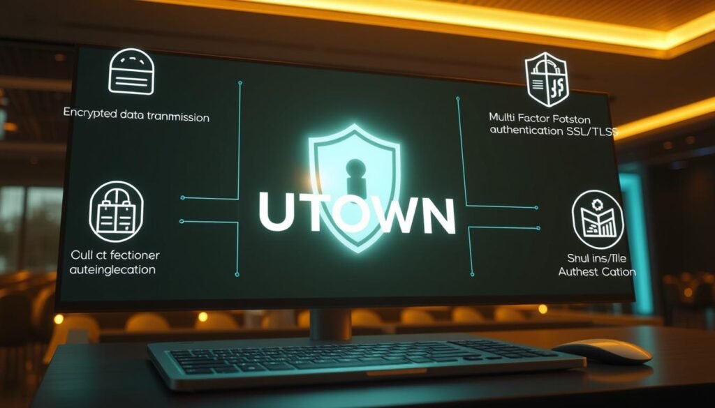 A sleek and modern digital platform, UTown, showcases a secure and user-friendly interface. Elegant typography and a clean layout create a sense of professionalism and trustworthiness. The platform's key features, such as encrypted data transmission, multi-factor authentication, and SSL/TLS certification, are highlighted through subtle visual cues. A subtle glow emanates from the platform, conveying a sense of reliability and safety. The scene is bathed in warm, soft lighting, creating a welcoming and inviting atmosphere. The overall impression is one of a robust, dependable, and compliant digital gaming environment.