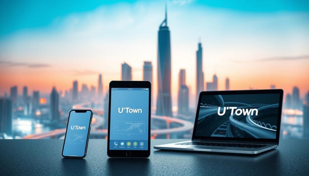 A sleek, minimalist digital landscape depicting the seamless integration of the UTown brand across multiple devices and platforms. In the foreground, a smartphone, tablet, and laptop display harmonious UI elements, showcasing the effortless flow of data and functionality. The middle ground features a futuristic cityscape, with towering skyscrapers and advanced transport systems, symbolizing the progressive nature of cross-platform technology. The background is bathed in a warm, ambient glow, creating a sense of unity and connectivity. Cinematic lighting and a shallow depth of field draw the viewer's focus to the central devices, highlighting the versatility and accessibility of the UTown platform. A sleek, minimalist digital landscape depicting the seamless integration of the UTown brand across multiple devices and platforms. In the foreground, a smartphone, tablet, and laptop display harmonious UI elements, showcasing the effortless flow of data and functionality. The middle ground features a futuristic cityscape, with towering skyscrapers and advanced transport systems, symbolizing the progressive nature of cross-platform technology. The background is bathed in a warm, ambient glow, creating a sense of unity and connectivity. Cinematic lighting and a shallow depth of field draw the viewer's focus to the central devices, highlighting the versatility and accessibility of the UTown platform.