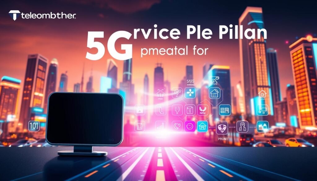 A vibrant and dynamic 5G service plan promotion by Telecombrother. In the foreground, a sleek 5G-enabled device showcases the enhanced connectivity and blazing-fast speeds. The middle ground features an array of colorful icons representing the various value-added services, such as streaming, gaming, and smart home integration. The background is a futuristic cityscape bathed in a warm, futuristic glow, symbolizing the transformative potential of 5G technology. The overall composition conveys a sense of excitement and innovation, inviting the viewer to explore the possibilities of Telecombrother's cutting-edge 5G plan. A vibrant and dynamic 5G service plan promotion by Telecombrother. In the foreground, a sleek 5G-enabled device showcases the enhanced connectivity and blazing-fast speeds. The middle ground features an array of colorful icons representing the various value-added services, such as streaming, gaming, and smart home integration. The background is a futuristic cityscape bathed in a warm, futuristic glow, symbolizing the transformative potential of 5G technology. The overall composition conveys a sense of excitement and innovation, inviting the viewer to explore the possibilities of Telecombrother's cutting-edge 5G plan.
