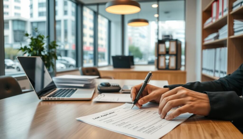 A well-lit, modern office interior with a wooden desk, a laptop, and a stack of documents. In the foreground, a person's hands are filling out a loan application form on the desk. The background features shelves of financial records and a window overlooking a bustling city street. The overall atmosphere conveys a sense of professionalism, trust, and legality associated with a reputable microlending institution.