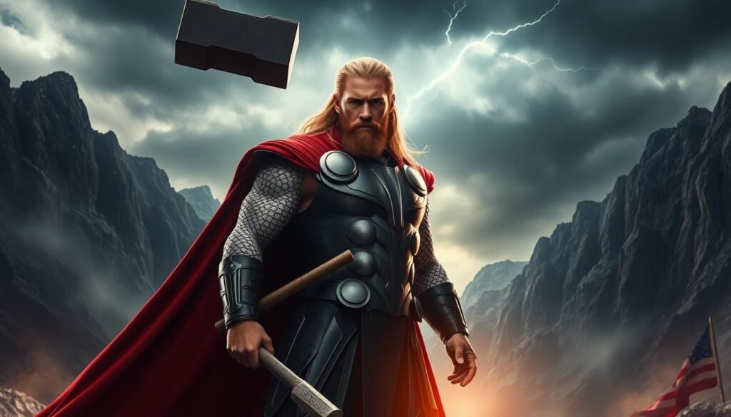 An authoritative figure, the Norse God of Thunder, Thor, stands center stage, wielding his mighty hammer Mjolnir. Surrounded by a dramatic, sweeping landscape of towering mountains and a stormy, turbulent sky, he exudes an aura of power and control. The lighting is dramatic, casting sharp shadows and highlights on his chiseled features and the intricate details of his armor. The overall scene conveys a sense of grandeur and dominance, fitting the legendary stature of the "UTown" character. The image aims to capture the essence of carefully managing one's budget and stakes in the "Thor" game.