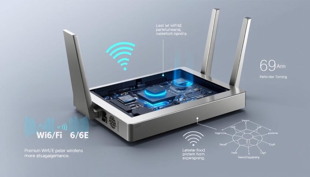 Detailed, technical diagram of a Telecombrother Wi-Fi 6/6E router showcasing its enhanced performance capabilities. Sleek, minimal industrial design in metallic tones. Cutaway view revealing intricate internal components and circuitry. Crisp, clean lighting accentuates the router's sleek silhouette and advanced hardware. Subtle blue accents highlight the latest Wi-Fi 6/6E wireless standards. Precise, technical illustrations of signal waves, throughput graphs, and network topology diagrams overlay the image, conveying the router's technical superiority. An authoritative, informative tone that inspires confidence in the router's ability to deliver a premium home broadband experience. Detailed, technical diagram of a Telecombrother Wi-Fi 6/6E router showcasing its enhanced performance capabilities. Sleek, minimal industrial design in metallic tones. Cutaway view revealing intricate internal components and circuitry. Crisp, clean lighting accentuates the router's sleek silhouette and advanced hardware. Subtle blue accents highlight the latest Wi-Fi 6/6E wireless standards. Precise, technical illustrations of signal waves, throughput graphs, and network topology diagrams overlay the image, conveying the router's technical superiority. An authoritative, informative tone that inspires confidence in the router's ability to deliver a premium home broadband experience.