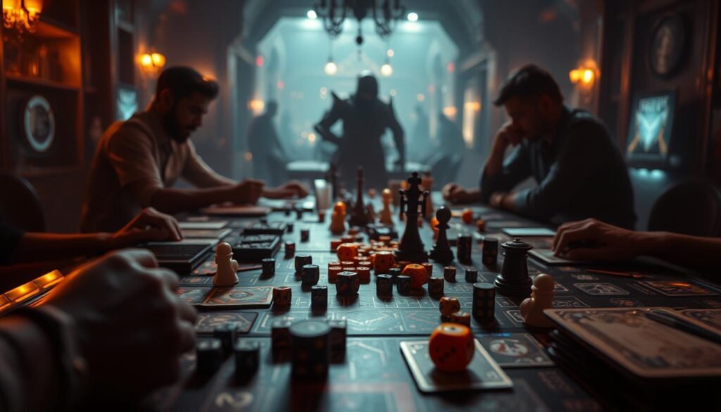 Intricate and immersive UTown gaming strategy scene, meticulously crafted. A table top filled with an array of gaming tokens, dice, and cards, bathed in warm, cinematic lighting. Shadowy figures in the background, deep in concentration, strategizing their next move. Sleek, modern aesthetics blend seamlessly with a sense of tension and anticipation. Detailed textures, subtle reflections, and a depth of field that draws the viewer's eye to the central gaming setup. An atmosphere of strategic contemplation, where every decision could determine the outcome of the high-stakes t9 trial.