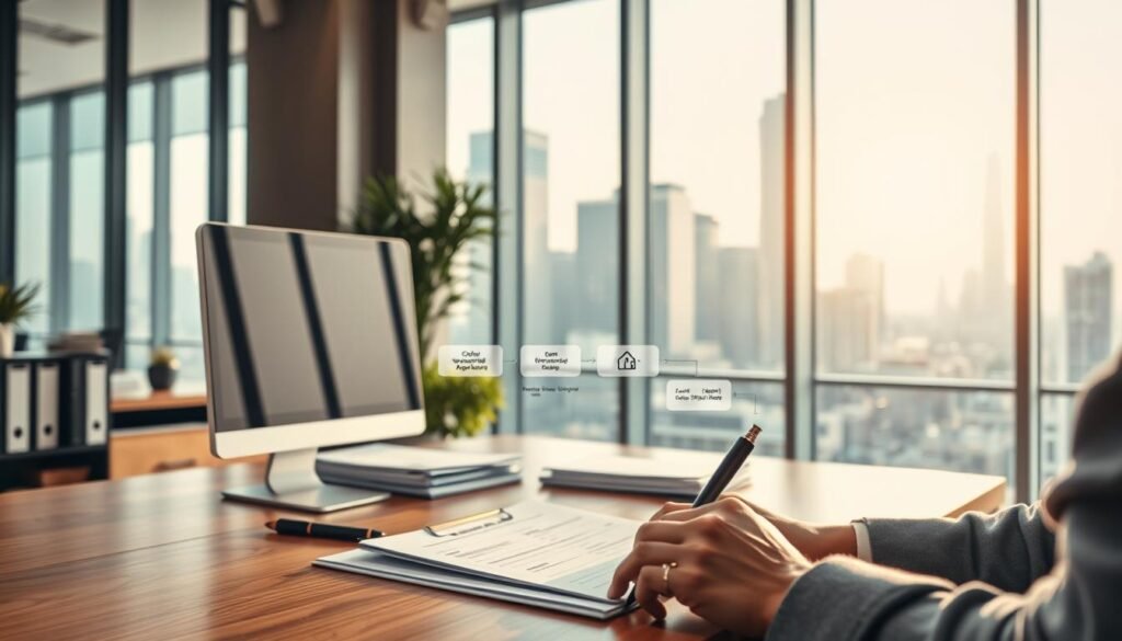 A modern office interior with a wooden desk, computer, and document folders. In the foreground, a person fills out a loan application form. The middle ground features a flow chart depicting the various steps of the loan application process, with icons and labels. The background showcases a large window overlooking a bustling cityscape, bathed in warm, natural lighting. The overall atmosphere conveys a sense of professionalism, efficiency, and financial security. A modern office interior with a wooden desk, computer, and document folders. In the foreground, a person fills out a loan application form. The middle ground features a flow chart depicting the various steps of the loan application process, with icons and labels. The background showcases a large window overlooking a bustling cityscape, bathed in warm, natural lighting. The overall atmosphere conveys a sense of professionalism, efficiency, and financial security.
