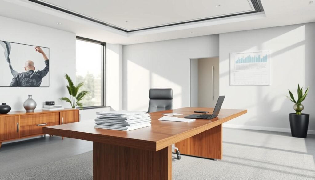 A sleek, modern office interior with a large wooden desk, minimalist decor, and abundant natural light streaming through floor-to-ceiling windows. On the desk, a stack of documents and a laptop represent the paperwork and digital processes involved in private lending. The walls display abstract artwork and financial charts, hinting at the complex financial landscape. The scene conveys a professional, trustworthy atmosphere suitable for illustrating the definition and characteristics of private loans. A sleek, modern office interior with a large wooden desk, minimalist decor, and abundant natural light streaming through floor-to-ceiling windows. On the desk, a stack of documents and a laptop represent the paperwork and digital processes involved in private lending. The walls display abstract artwork and financial charts, hinting at the complex financial landscape. The scene conveys a professional, trustworthy atmosphere suitable for illustrating the definition and characteristics of private loans.