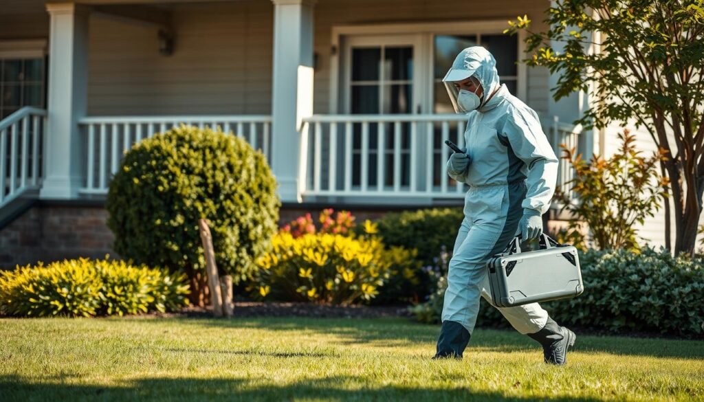 A meticulously detailed image of a professional pest control service worker in a specialized protective suit, meticulously inspecting a residential home for signs of insect infestation. The worker is carrying a high-tech iCareCPAP pest control device, with a sleek and modern design. The home's exterior is well-maintained, with a lush, manicured lawn in the foreground. The lighting is soft and natural, casting gentle shadows that accentuate the worker's focused expression. The overall atmosphere conveys a sense of diligence, professionalism, and the importance of effective pest control services to maintain a healthy, secure living environment. A meticulously detailed image of a professional pest control service worker in a specialized protective suit, meticulously inspecting a residential home for signs of insect infestation. The worker is carrying a high-tech iCareCPAP pest control device, with a sleek and modern design. The home's exterior is well-maintained, with a lush, manicured lawn in the foreground. The lighting is soft and natural, casting gentle shadows that accentuate the worker's focused expression. The overall atmosphere conveys a sense of diligence, professionalism, and the importance of effective pest control services to maintain a healthy, secure living environment.