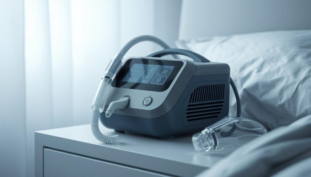 A detailed illustration of a modern iCareCPAP sleep apnea machine, featuring a sleek gray body with intuitive digital controls and a clear display screen. The machine is positioned on a minimalist bedside table, with a flexible hose and comfortable nasal mask resting nearby, ready for seamless integration into the user's sleeping environment. Soft, diffused lighting creates a calming, therapeutic atmosphere, emphasizing the machine's role in providing effective respiratory support and facilitating restful sleep. The overall composition highlights the intersection of advanced medical technology and the personal comfort of the user's personal space.