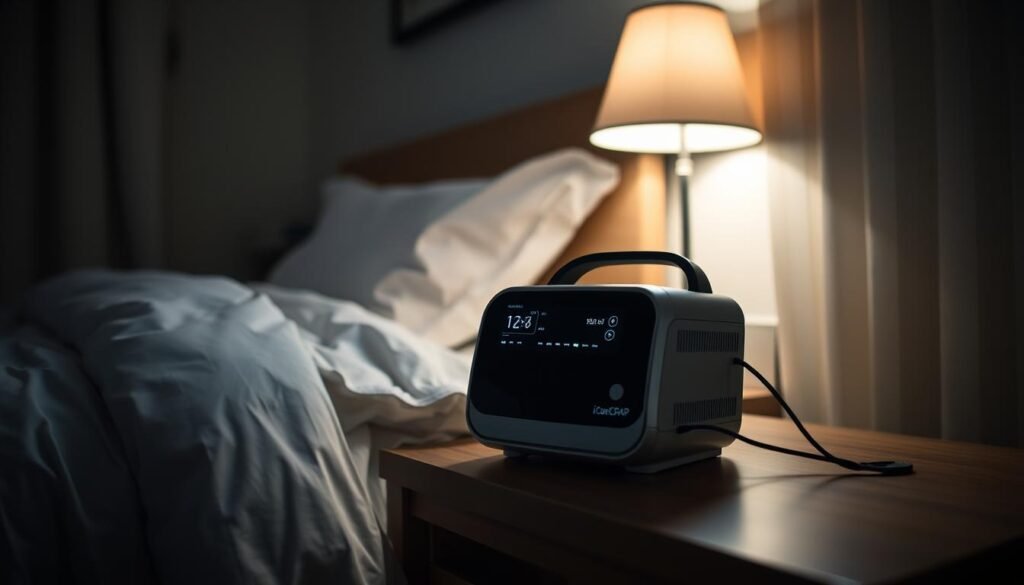 A dimly lit bedroom with a peaceful, calming atmosphere. The focus is on a bedside table, where an iCareCPAP sleep apnea machine rests, its sleek design blending seamlessly into the serene environment. The machine is surrounded by soft, plush bedding and a cozy, well-placed reading lamp, creating a comfortable and inviting setting for its use. The room is filled with subtle, natural lighting, casting gentle shadows and highlighting the machine's essential role in the user's nighttime routine. The overall scene conveys a sense of tranquility and effortless integration of the medical device into the user's personal space.