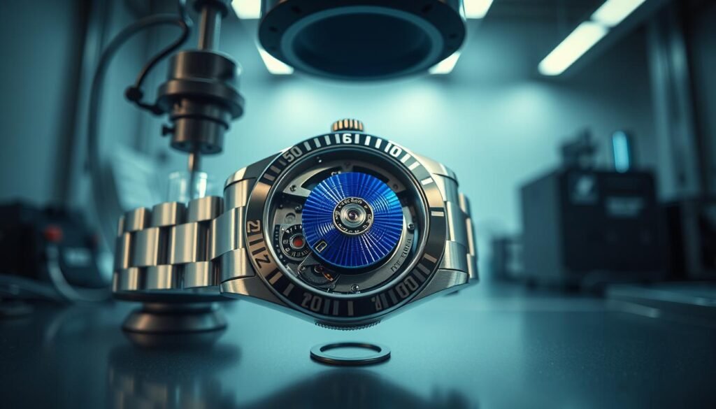 A high-quality image showcasing a Rolex watch undergoing a rigorous shock resistance test. The foreground features a close-up of the watch mechanism with the vibrant blue Parachrom hairspring clearly visible, highlighted by dramatic lighting that emphasizes its intricate details. The middle ground includes testing equipment, such as a drop apparatus and vibrating platform, illustrating the testing process. In the background, a laboratory setting with subtle blurred elements enhances the technical atmosphere. The mood is professional and focused, reflecting the innovation behind Rolex's shock resistance capabilities. The image is captured with a shallow depth of field, using moody, cool tones to reinforce the high-tech theme, ensuring no text or branding is present.