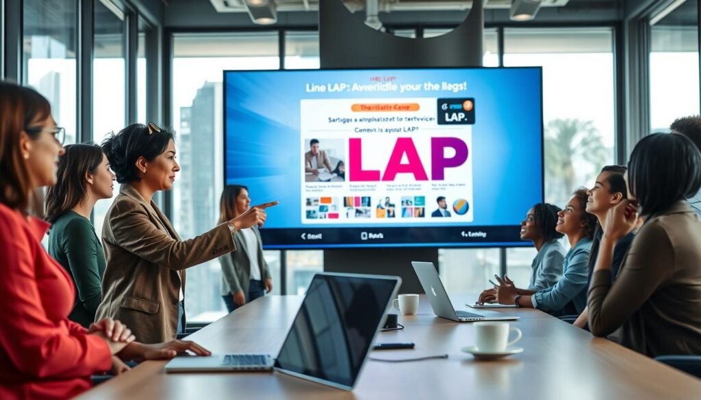 A modern office workspace, featuring a diverse group of professionals engaged in a lively discussion about advertising strategies on a large digital screen displaying visual concepts for 'Line LAP' and LAP advertising applications. In the foreground, a middle-aged Asian woman in professional attire is pointing towards the screen, while a young Black man beside her nods in agreement, taking notes. The middle ground shows a sleek conference table with laptops and coffee cups. The background features large windows with natural light pouring in, creating a bright and inviting atmosphere. The mood is collaborative and innovative, highlighting teamwork and strategic branding. Shot with a wide-angle lens to capture the entire scene, emphasizing clarity and focus.