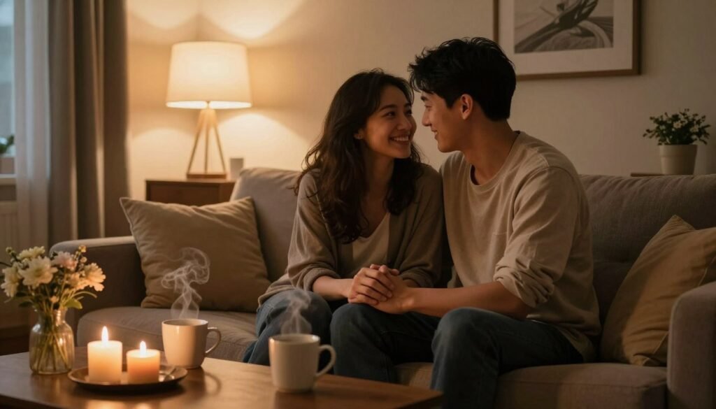 A cozy and intimate scene depicting a couple sharing a warm moment together, sitting closely on a comfortable couch in a softly lit living room. They are dressed in modest, casual clothing, exuding a sense of connection and understanding. In the foreground, the couple is smiling and holding hands, their eyes reflecting warmth and affection. The middle layer includes a coffee table with a couple of steaming mugs and a few romantic decorations like candles and flowers. The background features a softly glowing lamp and art on the walls, creating a cinematic atmosphere. The mood is romantic and serene, with warm lighting enhancing the sense of intimacy. The composition is framed in a 4:3 aspect ratio, emphasizing the couple's bond while maintaining a professional and safe appearance.