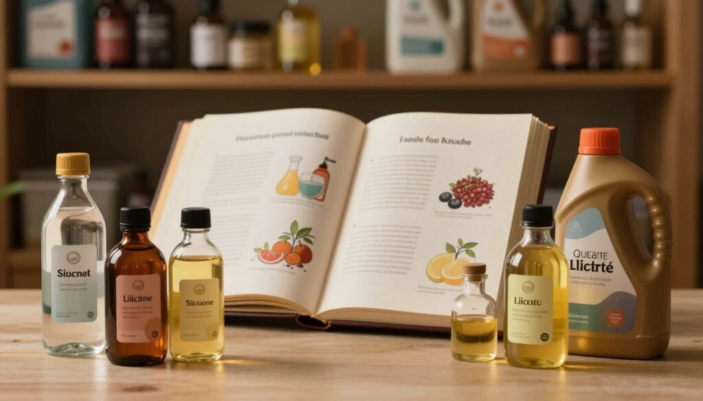 A detailed and informative composition illustrating various types of lubricants and their ingredients, set in a warm, cozy atmosphere. In the foreground, display several elegant glass bottles containing lubricants of different colors and textures, each labeled with distinct ingredients such as water, silicone, and oil. In the middle ground, showcase an open book or a tablet displaying diagrams and descriptions of lubricant types, with soft light illuminating the pages. The background features a softly blurred shelf filled with related products and essential oils, contributing to a professional and inviting environment. Use warm, cinematic lighting to evoke a sense of intimacy and comfort, with a 4:3 aspect ratio for a balanced composition.