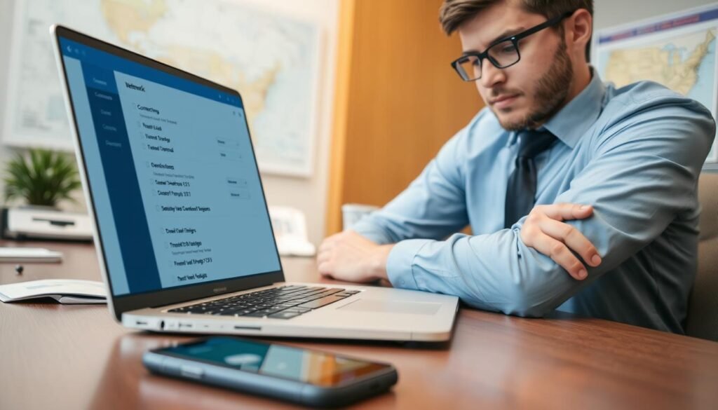 A professional setting focused on resolving the OceanEsim network connection problems. In the foreground, a person dressed in smart casual attire sits at a desk, intently examining a laptop screen displaying network settings, with a thoughtful expression. The middle ground shows a close-up of the laptop screen, highlighting various connection options and troubleshooting steps, while a smartphone with the OceanEsim app is placed nearby. In the background, a softly blurred office environment, with a map of the United States and travel documents, adds context. The lighting is bright and warm, creating a focused atmosphere, captured from a slightly elevated angle to convey a sense of clarity and professionalism.