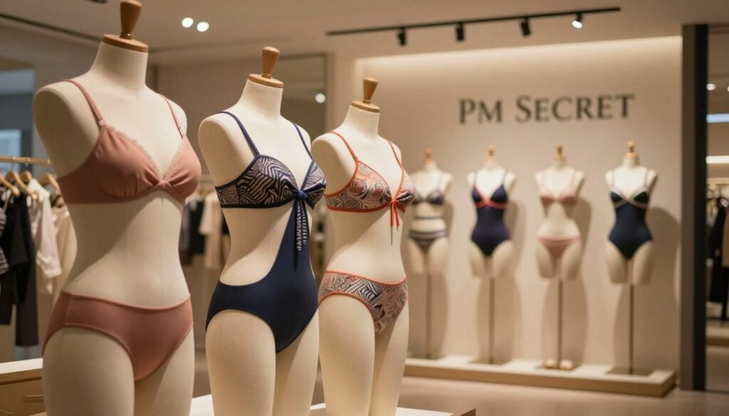 A stylish and modern scene featuring a collection of PM Secret swimwear designs displayed elegantly on mannequins. The foreground showcases a variety of colorful swimsuits with intricate patterns and stylish cuts, exuding elegance and sophistication. The middle ground includes a gently lit, beautifully curated boutique interior, with soft warm lighting that creates a cozy and intimate atmosphere. The background highlights minimalist decor, enhancing the chic branding of PM Secret. A shallow depth of field focuses on the swimsuits, while the scenic lighting adds a romantic touch. The overall mood is inviting and showcases the luxurious essence of the PM Secret swimwear line, captured in a cinematic 4:3 aspect ratio.