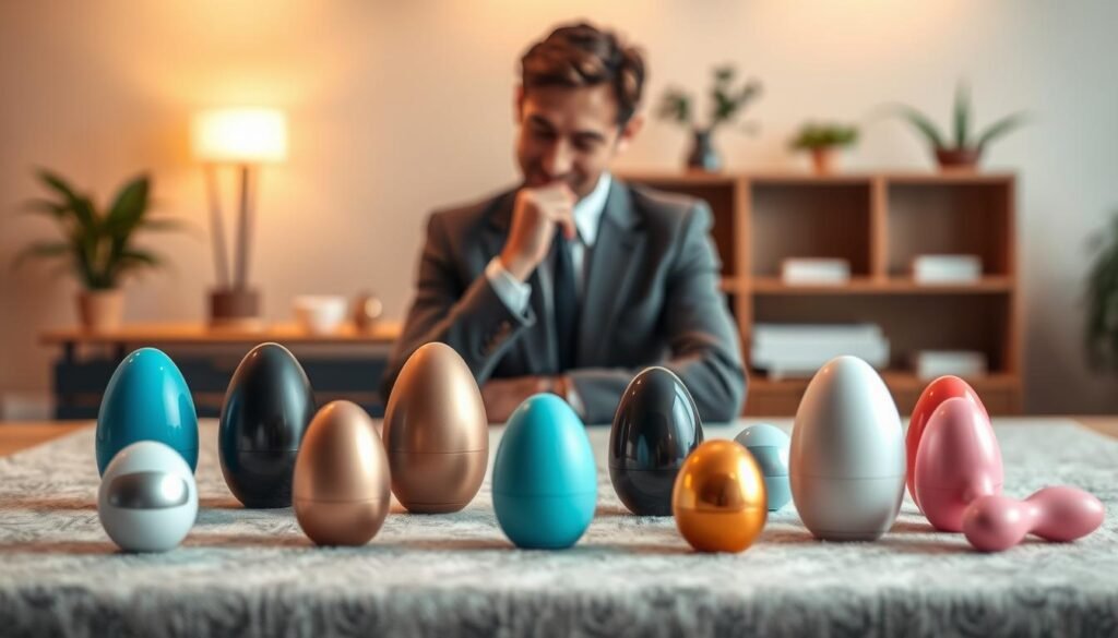 A modern and visually appealing guide for beginners on selecting the right vibrating egg. In the foreground, display a well-organized table featuring various elegantly designed vibrating egg models in assorted colors and sizes, each on a soft, textured material. In the middle ground, include a thoughtful person, dressed in professional business attire, examining the products with a look of curiosity and satisfaction. The background should be softly blurred to highlight the table and the person, with warm, inviting lighting that creates a calm and friendly atmosphere. Use a close-up angle to focus on the details of the merchandise, ensuring that the overall mood is informative, welcoming, and suitable for a professional audience.