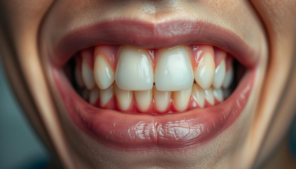 A close-up view of a human mouth with partially erupted wisdom teeth, showcasing the dental area of the back of the jaw. The focus is on the gumline, where the wisdom teeth are emerging in a natural, realistic manner. The foreground should feature detailed textures of the teeth and gums, highlighting both healthy and imperfect conditions. In the middle ground, a soft, diffused light casts a warm glow over the mouth, emphasizing the dental features. The background should be a soft blur to maintain focus on the teeth, creating a clinical yet approachable atmosphere. The overall mood should be informative and professional, suitable for an educational article on oral health.