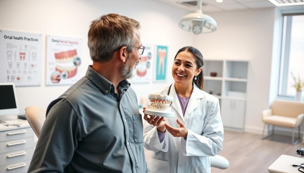 A confident dentist in a modern dental clinic setting, wearing a white lab coat, stands next to a patient in the foreground, both smiling and engaging in conversation about post-operative care. The dentist demonstrates the importance of dental hygiene with a dental model in hand, emphasizing preventive measures against inflammation. The middle ground features an organized dental workstation with instruments, charts, and treatment plans systematically arranged. In the background, a soothing, well-lit environment shows posters on oral health practices and a serene waiting area with soft pastel colors. The lighting is bright but soft, creating an inviting and professional atmosphere. Capture a warm, reassuring mood that reflects trust and care in dental health.