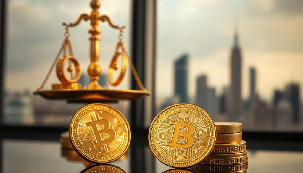 A golden coin, gleaming and prominently displayed in the foreground, represents the historical peak price of gold per tael. The coin is intricately detailed, capturing the textures and reflections of light. In the middle ground, an elegant scale balances antique gold jewelry, symbolizing the impact of price fluctuations on market trends. In the background, a blurred view of a modern city skyline suggests economic growth and the global nature of gold trading. The lighting is warm and inviting, with soft shadows adding depth. The overall atmosphere is one of richness and reflection, evoking a sense of historical significance intertwined with contemporary relevance in the market.
