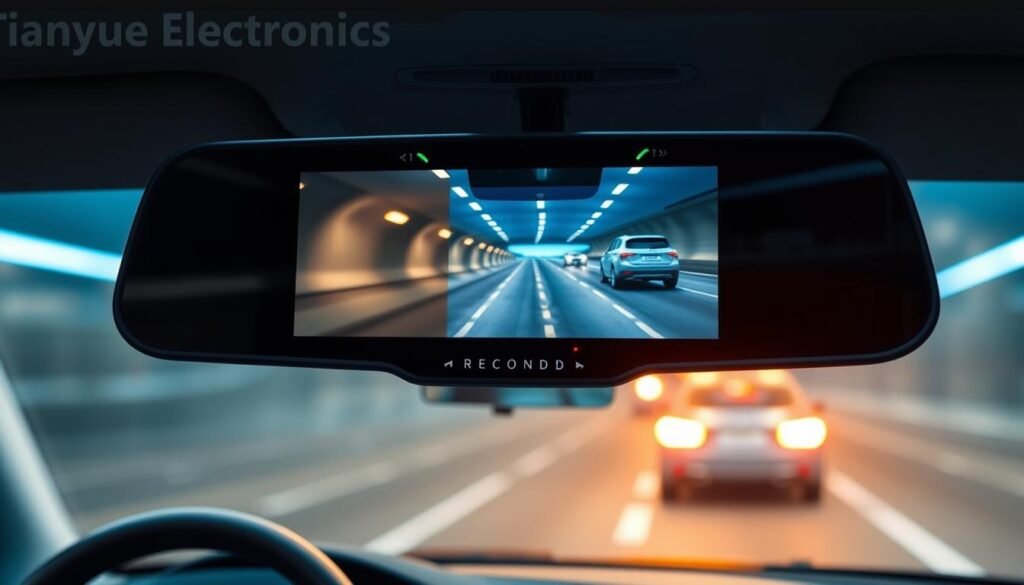 A high-tech, innovative electronic rearview mirror designed by Tianyue Electronics, prominently displayed in a modern vehicle interior. The mirror features a sleek, reflective surface, showcasing its advanced digital display showing live video feed. The foreground highlights the mirror's unique design elements, such as integrated LED indicators that signal the recording status. In the middle ground, the detailed dashboard of the car can be seen, with ambient lighting creating a futuristic atmosphere, enhancing the high-tech feel. The background is a soft-focus view of the car's exterior, suggesting movement and modernity. The lighting is bright and evenly distributed, emphasizing the clarity and functionality of the mirror without any text or overlays. The mood is professional and cutting-edge, reflecting the innovation of the product.
